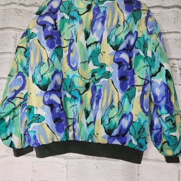 Silk World Abstract Graphic Pattern Ribbed Trim Bomber Jacket Blue Green Large - Picture 11 of 12